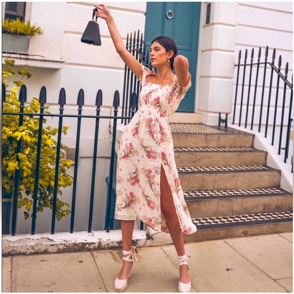 Reformation Floral Midi Dress in Cream and Pink